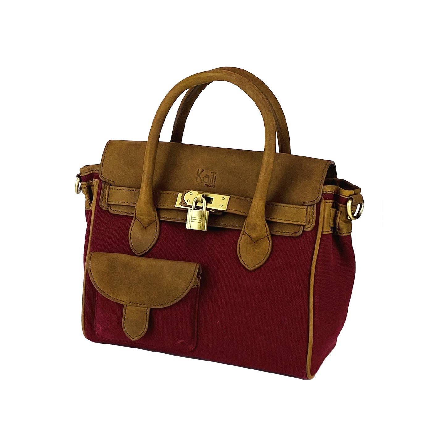 K0042XCB | Mini Canvas/Genuine Leather Handbag Made in Italy. Removable shoulder strap. Antique Brass metal snap hook attachments. Bordeaux color. Dimensions: 24 x 20 x 12 cm.