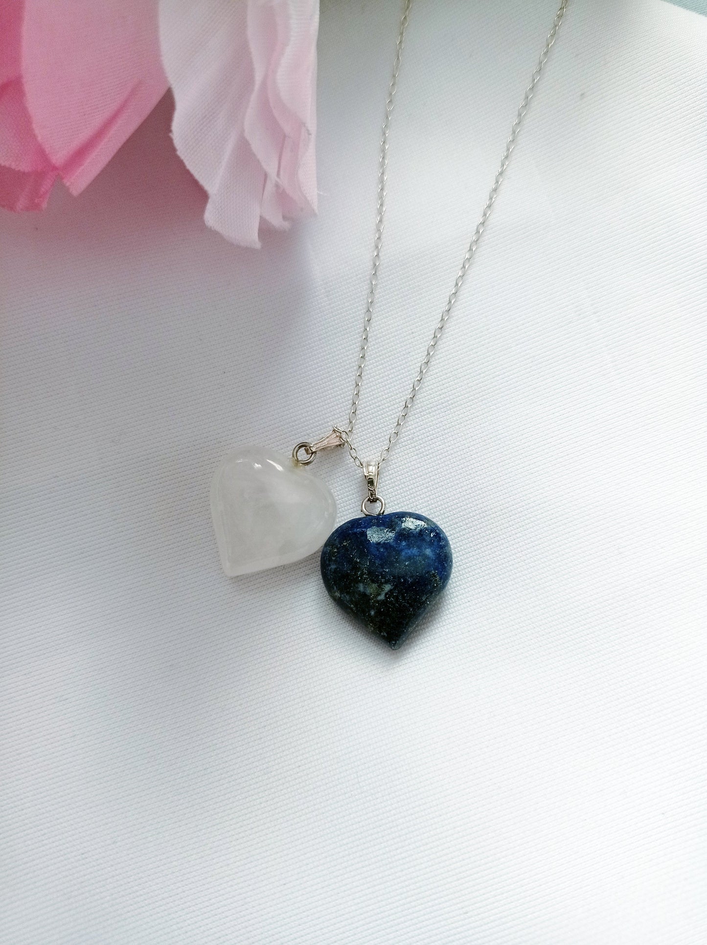 Lapis Lazuli and Rose Quartz Hearts Necklace, Lapis Lazuli and Rose Quartz Sterling Silver necklace, Lapis Lazuli and Rose Quartz Pendants, Gemstone Necklace | by nlanlaVictory