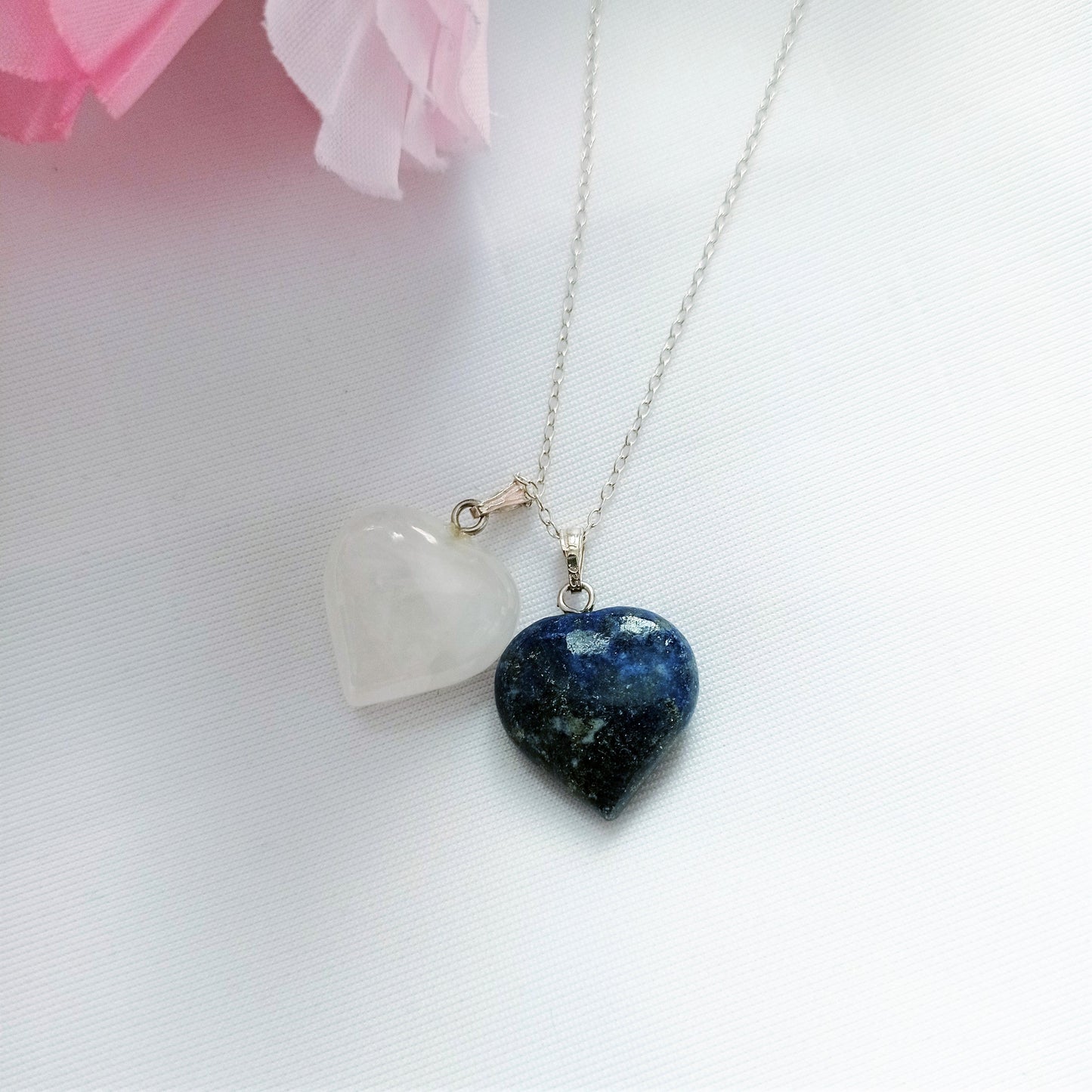 Lapis Lazuli and Rose Quartz Hearts Necklace, Lapis Lazuli and Rose Quartz Sterling Silver necklace, Lapis Lazuli and Rose Quartz Pendants, Gemstone Necklace | by nlanlaVictory