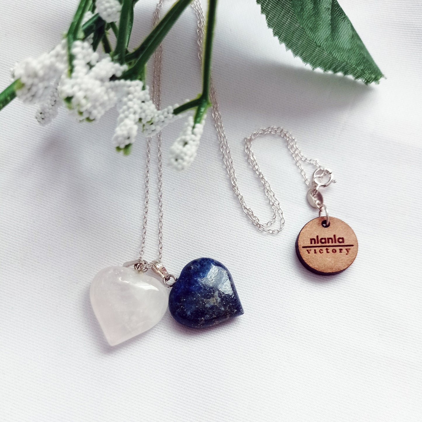 Lapis Lazuli and Rose Quartz Hearts Necklace, Lapis Lazuli and Rose Quartz Sterling Silver necklace, Lapis Lazuli and Rose Quartz Pendants, Gemstone Necklace | by nlanlaVictory