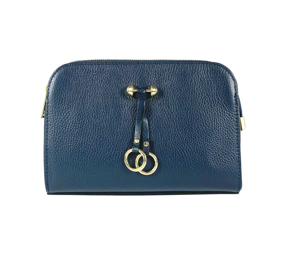RB1011D | Women's Genuine Leather Crossbody Bag Made in Italy. Removable shoulder strap. Polished Gold metal snap hook attachments. Color: Blue. Dimensions: 25 x 17 x 10 cm.