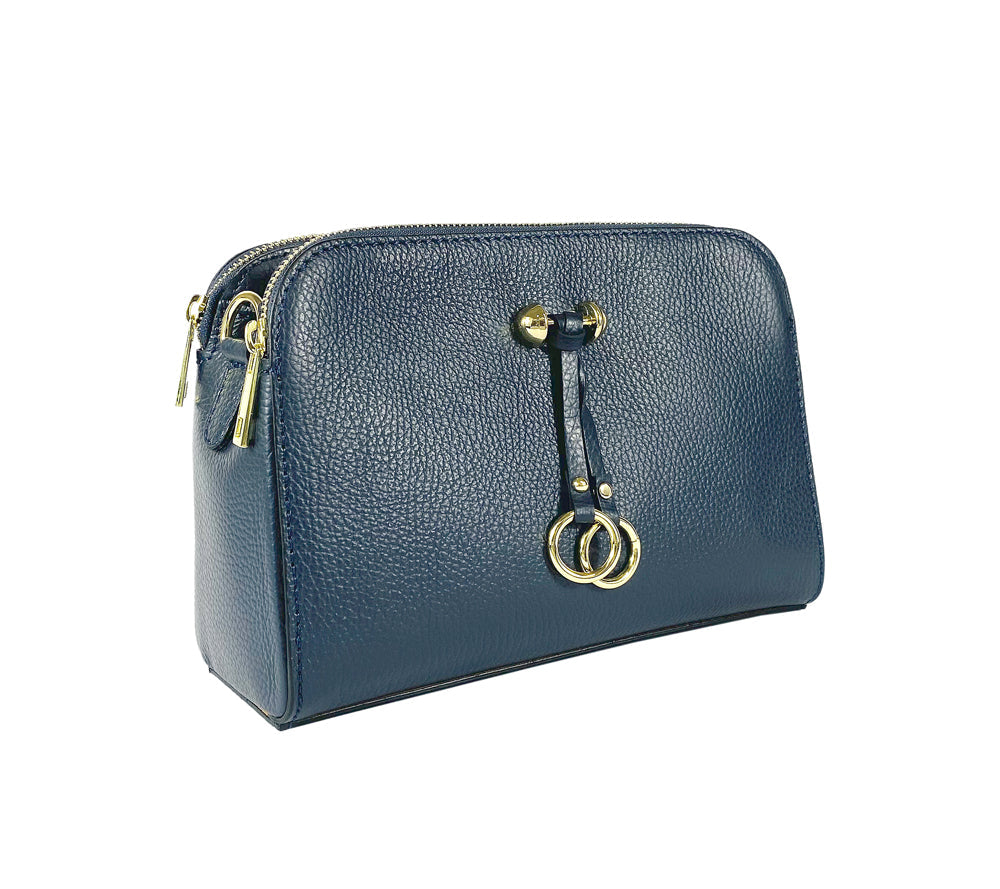 RB1011D | Women's Genuine Leather Crossbody Bag Made in Italy. Removable shoulder strap. Polished Gold metal snap hook attachments. Color: Blue. Dimensions: 25 x 17 x 10 cm.