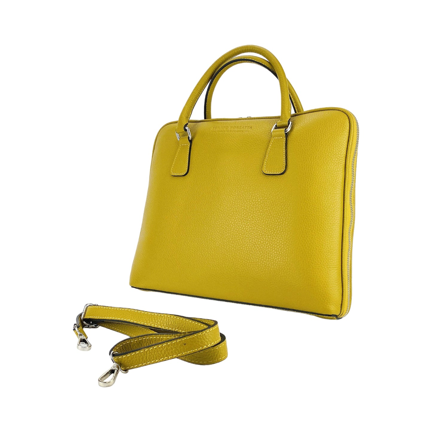 RB1019AR | Unisex Business Briefcase in Genuine Leather Made in Italy with Removable Shoulder Strap. Polished Nickel Metal Snap Hook Attachments - Mustard Color - Dimensions: 37 x 29 x 6.5 cm