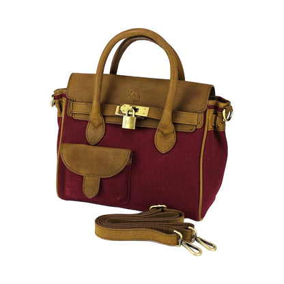 K0042XCB | Mini Canvas/Genuine Leather Handbag Made in Italy. Removable shoulder strap. Antique Brass metal snap hook attachments. Bordeaux color. Dimensions: 24 x 20 x 12 cm.