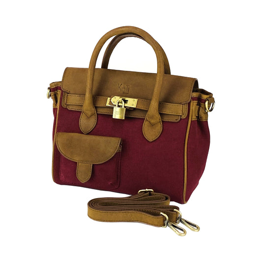 K0042XCB | Mini Canvas/Genuine Leather Handbag Made in Italy. Removable shoulder strap. Antique Brass metal snap hook attachments. Bordeaux color. Dimensions: 24 x 20 x 12 cm.
