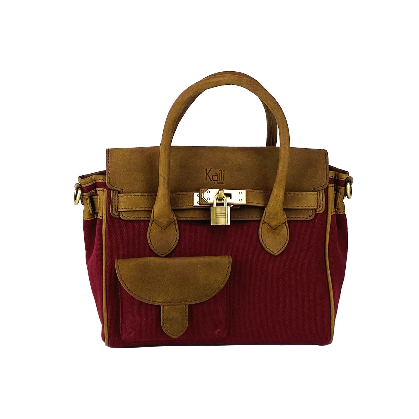 K0042XCB | Mini Canvas/Genuine Leather Handbag Made in Italy. Removable shoulder strap. Antique Brass metal snap hook attachments. Bordeaux color. Dimensions: 24 x 20 x 12 cm.