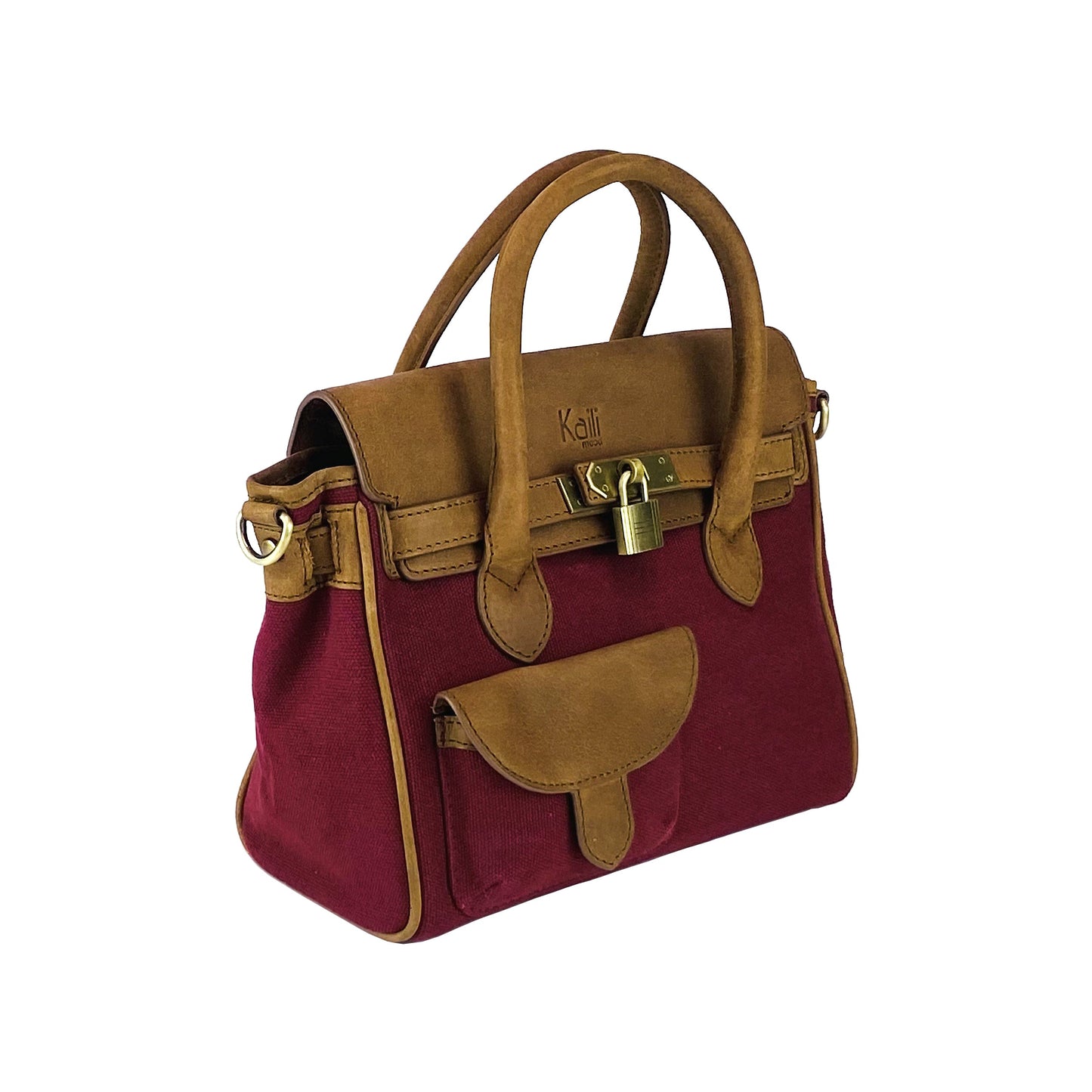 K0042XCB | Mini Canvas/Genuine Leather Handbag Made in Italy. Removable shoulder strap. Antique Brass metal snap hook attachments. Bordeaux color. Dimensions: 24 x 20 x 12 cm.