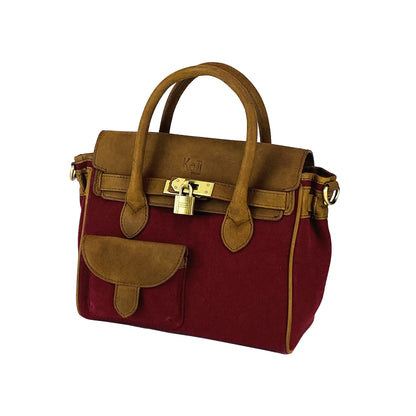 K0042XCB | Mini Canvas/Genuine Leather Handbag Made in Italy. Removable shoulder strap. Antique Brass metal snap hook attachments. Bordeaux color. Dimensions: 24 x 20 x 12 cm.