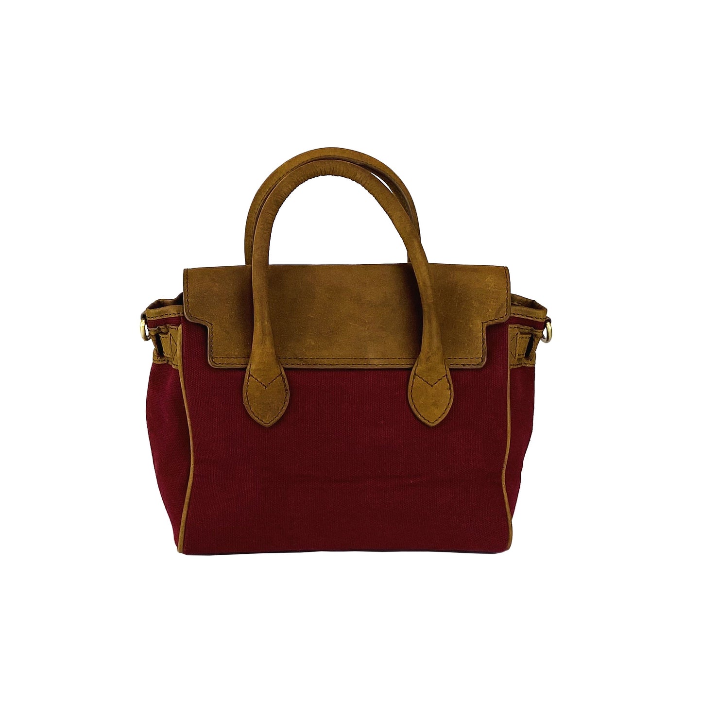K0042XCB | Mini Canvas/Genuine Leather Handbag Made in Italy. Removable shoulder strap. Antique Brass metal snap hook attachments. Bordeaux color. Dimensions: 24 x 20 x 12 cm.