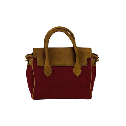 K0042XCB | Mini Canvas/Genuine Leather Handbag Made in Italy. Removable shoulder strap. Antique Brass metal snap hook attachments. Bordeaux color. Dimensions: 24 x 20 x 12 cm.
