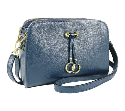 RB1011D | Women's Genuine Leather Crossbody Bag Made in Italy. Removable shoulder strap. Polished Gold metal snap hook attachments. Color: Blue. Dimensions: 25 x 17 x 10 cm.