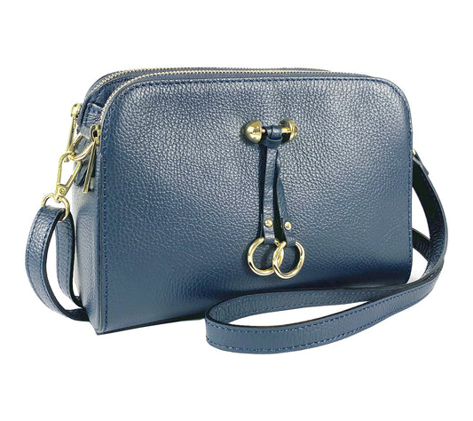 RB1011D | Women's Genuine Leather Crossbody Bag Made in Italy. Removable shoulder strap. Polished Gold metal snap hook attachments. Color: Blue. Dimensions: 25 x 17 x 10 cm.