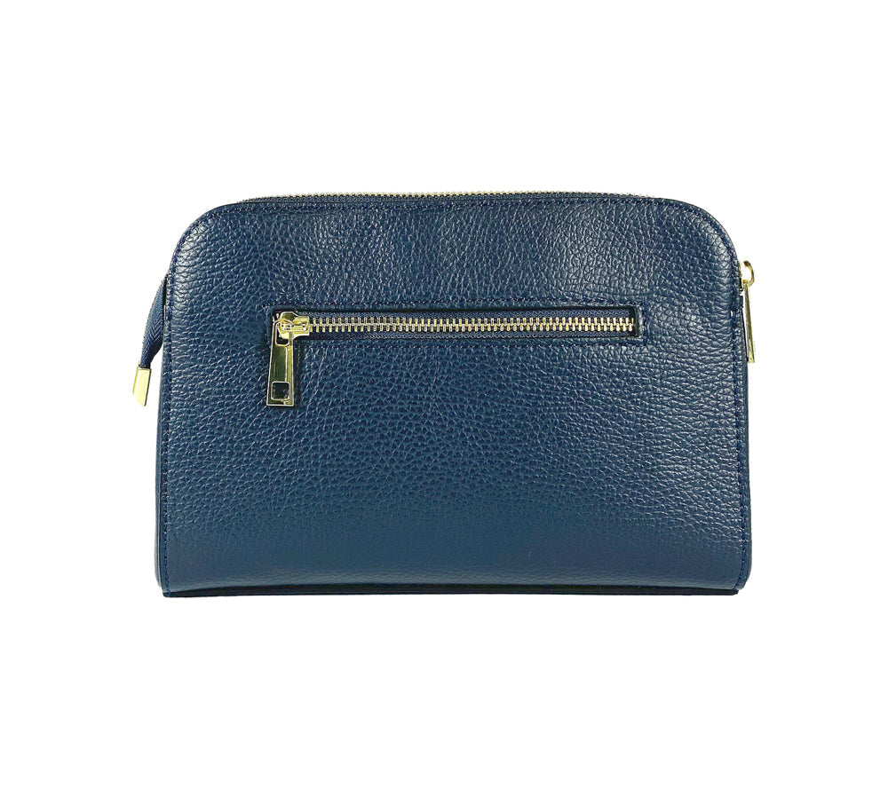 RB1011D | Women's Genuine Leather Crossbody Bag Made in Italy. Removable shoulder strap. Polished Gold metal snap hook attachments. Color: Blue. Dimensions: 25 x 17 x 10 cm.