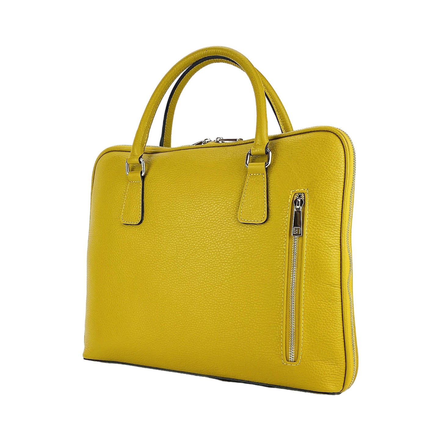 RB1019AR | Unisex Business Briefcase in Genuine Leather Made in Italy with Removable Shoulder Strap. Polished Nickel Metal Snap Hook Attachments - Mustard Color - Dimensions: 37 x 29 x 6.5 cm