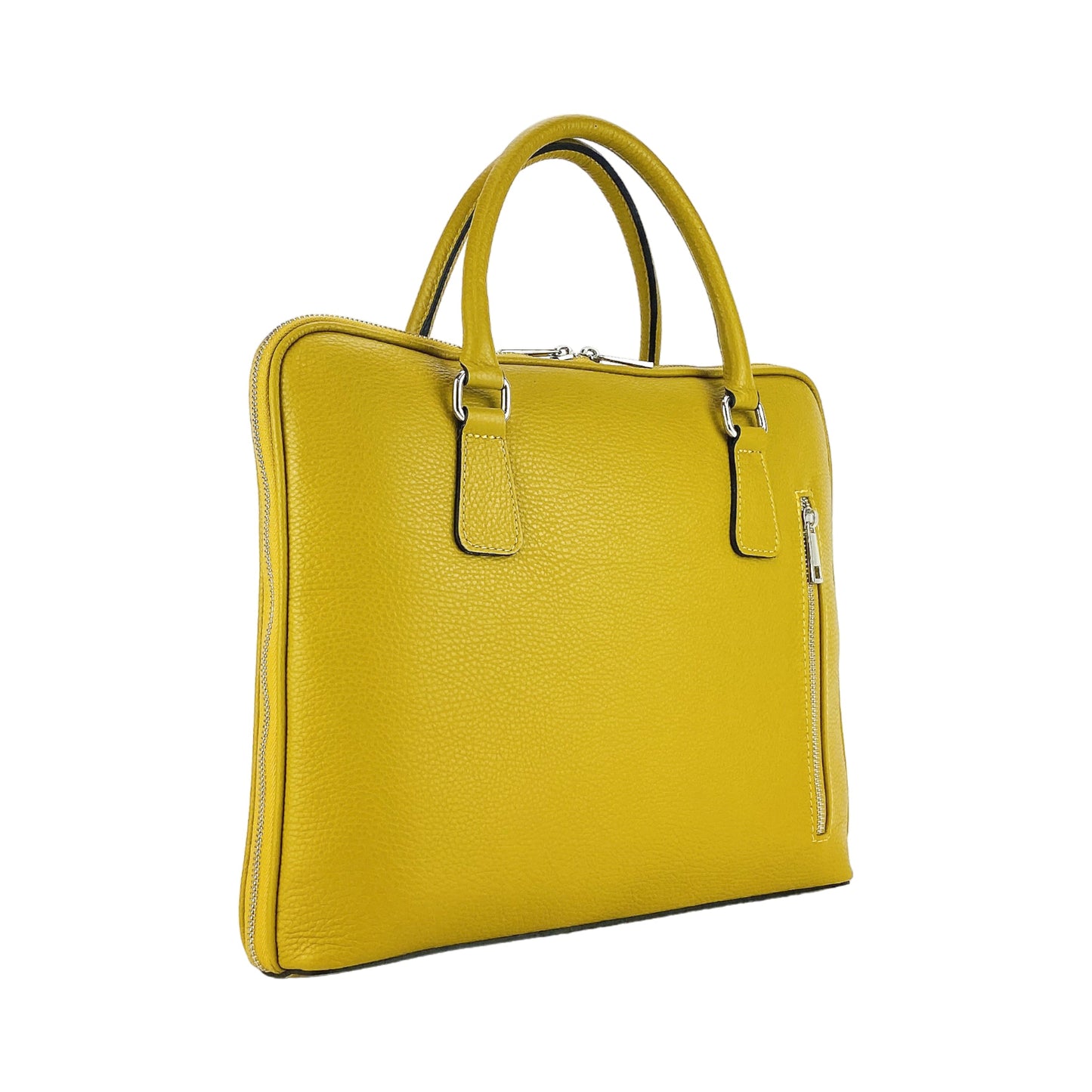 RB1019AR | Unisex Business Briefcase in Genuine Leather Made in Italy with Removable Shoulder Strap. Polished Nickel Metal Snap Hook Attachments - Mustard Color - Dimensions: 37 x 29 x 6.5 cm
