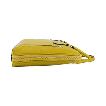 RB1019AR | Unisex Business Briefcase in Genuine Leather Made in Italy with Removable Shoulder Strap. Polished Nickel Metal Snap Hook Attachments - Mustard Color - Dimensions: 37 x 29 x 6.5 cm