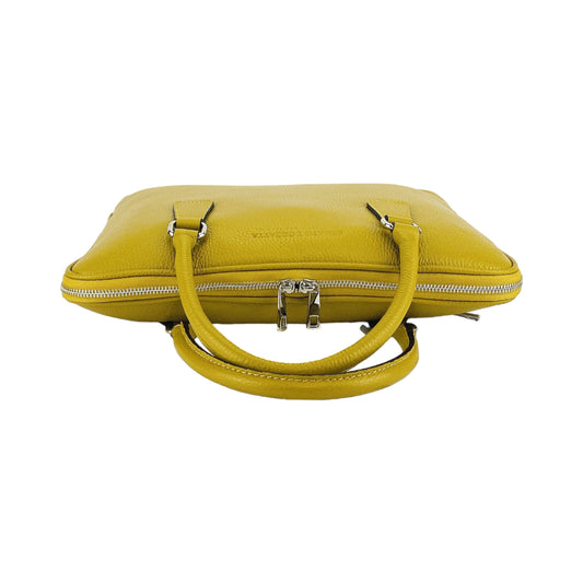 RB1019AR | Unisex Business Briefcase in Genuine Leather Made in Italy with Removable Shoulder Strap. Polished Nickel Metal Snap Hook Attachments - Mustard Color - Dimensions: 37 x 29 x 6.5 cm