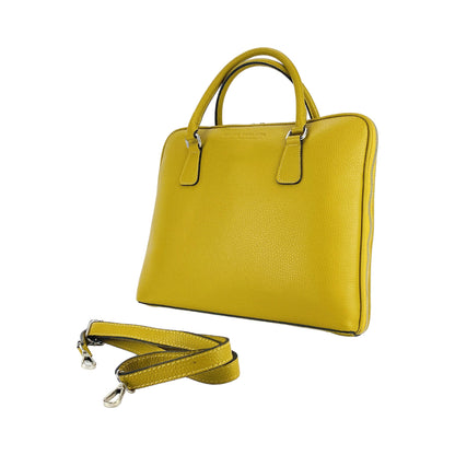 RB1019AR | Unisex Business Briefcase in Genuine Leather Made in Italy with Removable Shoulder Strap. Polished Nickel Metal Snap Hook Attachments - Mustard Color - Dimensions: 37 x 29 x 6.5 cm