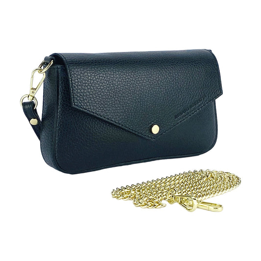 RB1023A | Small Shoulder Bag with Removable Chain Strap in Genuine Leather Made in Italy. Flap Closure. Polished Gold Metal Accessories - Color: Black - Dimensions: 22 x 12 x 3 cm