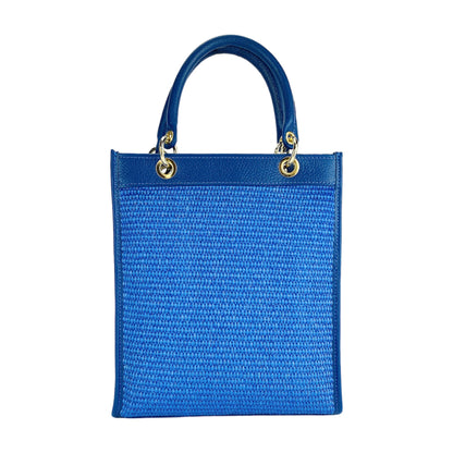 RB1026CH | Women's Vertical Handbag in Genuine Leather and Straw Made in Italy. Removable and adjustable leather shoulder strap. Polished Gold Accessories - Royal Blue Color - Dimensions: 24 x 29 x 9 cm