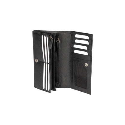 RB12129A | Portafogli Donna in Vera Pelle pieno fiore, grana dollaro/leggera. Colore Nero. Protezione RFID. Dimensioni da chiuso: cm 18,5 x 10 x 3. Confezione: Scatola regalo fondo/coperchio