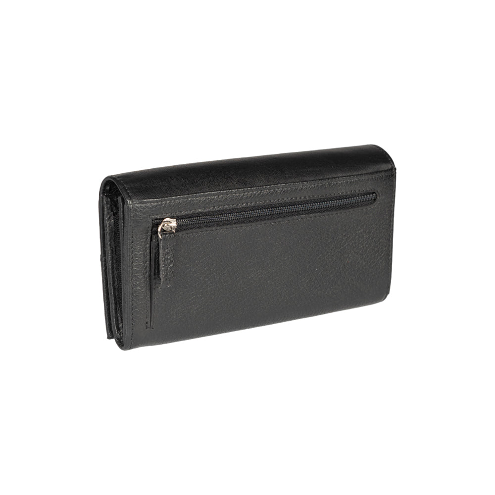 RB12129A | Portafogli Donna in Vera Pelle pieno fiore, grana dollaro/leggera. Colore Nero. Protezione RFID. Dimensioni da chiuso: cm 18,5 x 10 x 3. Confezione: Scatola regalo fondo/coperchio