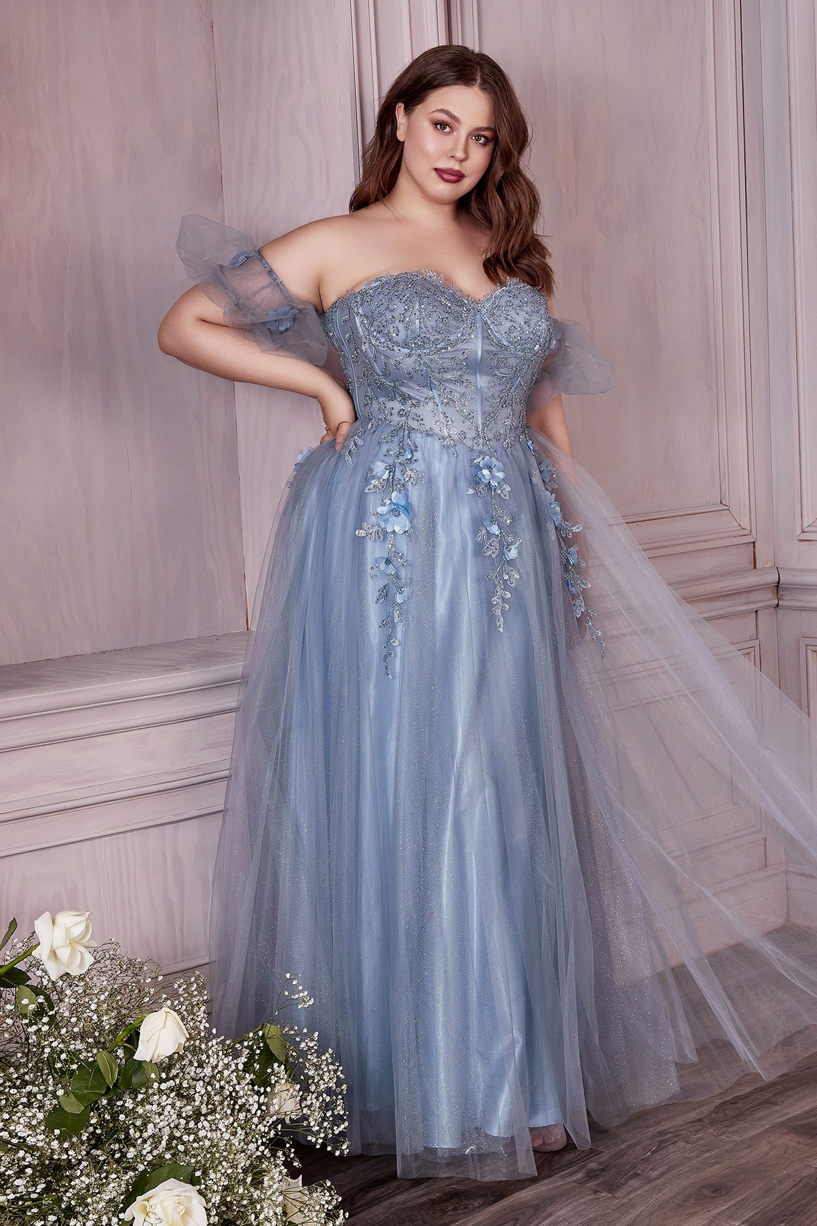 Strapless A-Line Gown And Puff Sleeves-4